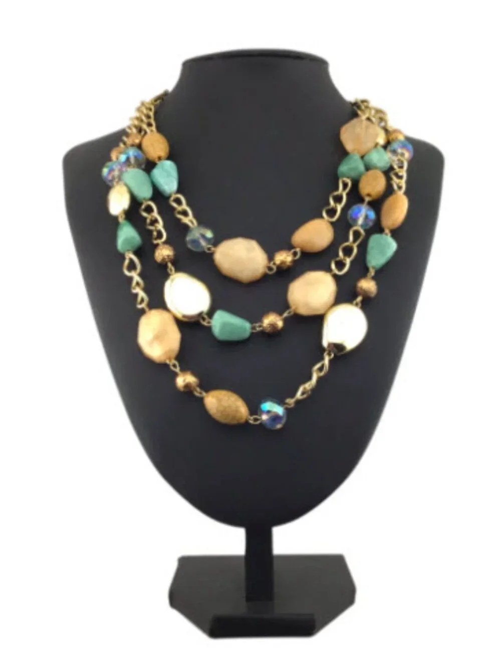 Vintage Layered Beaded Necklace Gold Tone Blue Green Cream Boho Resort Statement
